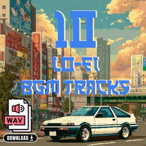 Puede incluir: Ilustración digital de un coche blanco con detalles azules en una carretera urbana. El texto azul dice "10 Lo-Fi BGM Tracks". Incluye un icono de archivo WAV y un botón "DESCARGAR", con un fondo de ciudad.