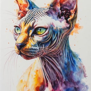 Puede incluir: Pintura a la acuarela de un gato Sphynx con ojos verdes. La piel del gato es una mezcla de tonos naranja, amarillo, azul y morado. La obra de arte tiene un estilo suave y artístico, con pinceladas visibles y mezcla de colores. El gato mira hacia la izquierda.
