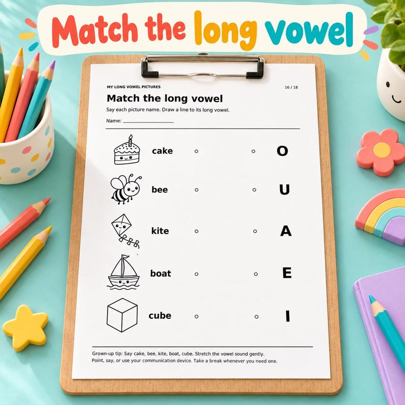 Long Vowel Worksheets | 18 Kawaii Coloring & Phonics Pages | A E I O U