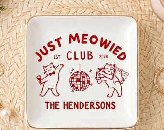 Cat Lover Gift, Personalized Wedding Trinket Dish, Custom Just Meowied Ceramic Jewelry Bowl, Disco Cat Engagement Ring Dish