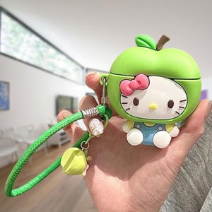 Green Apple Cat AirPods Case – Cute Kawaii Cover for AirPods 1/2, 3, 4, Pro, Pro 2 with Keychain，Airpods Pro 3
