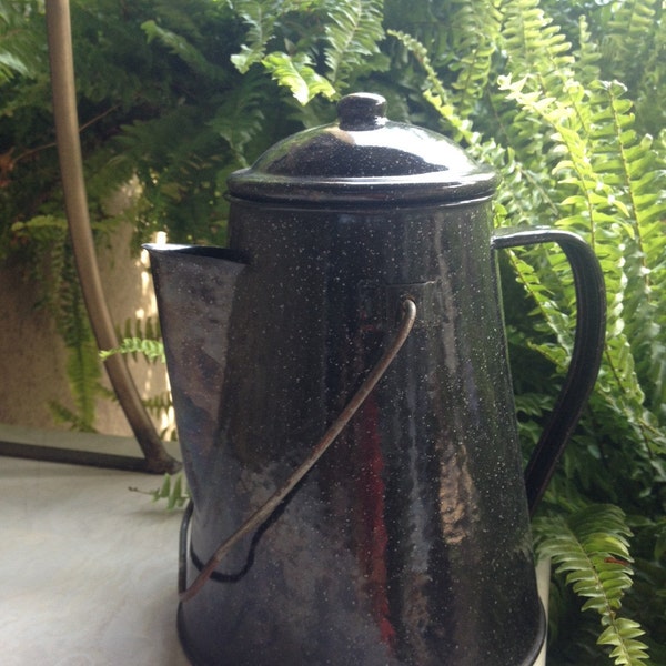 Graniteware Enamel Kettle Black Coffee Pot Speckled Vintage - #5154