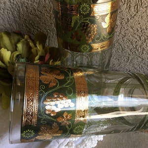 Cera Glassware, Cera Glasses, Green and Gold Drinking Glasses, Grape Drinking Glasses