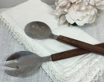 Vintage Salad Servers, Salad Serving Utensils, Salad Serving Spoon and Fork, Stainless Salad Servers With Wooden Handles