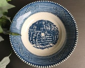 Fruit Dessert Sauce Bowls Currier & Ives Blue Ironstone Old Farm Gate Vintage Set 4 ~ #J5035