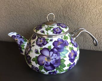 Interos Enamel Tea Kettle Vintage Purple Floral Teapot ~ #T0510