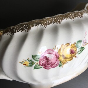 Floral Gravy Boat with Splashed Gold Rim, Pink and Yellow Roses Gravy Boat
