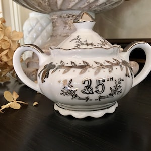 Lefton China 25th Anniversary Sugar Bowl, White and Silver Sugar Bowl