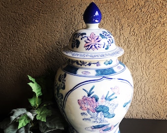Porcelain Ginger Jar Blue and Pink, Large Ginger Jar With Lid