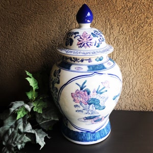 Porcelain Ginger Jar Blue and Pink, Large Ginger Jar With Lid