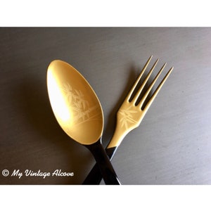Gold and Black Serving Fork and Spoon, Bamboo Fork and Spoon
