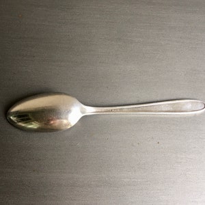 May include: A silver-plated spoon with a rounded bowl and a long, slender handle.