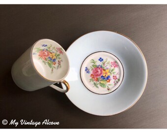 Bone China Demitasse Cup, Blue and Pink Small Teacup, Royal Ascot China