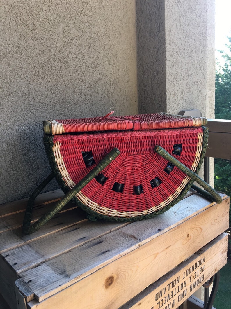 Vintage Watermelon Picnic Basket Large Wicker Double Handle Etsy