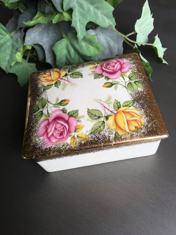 Floral Trinket Box, Vintage Trinket Box, Square Trinket Box