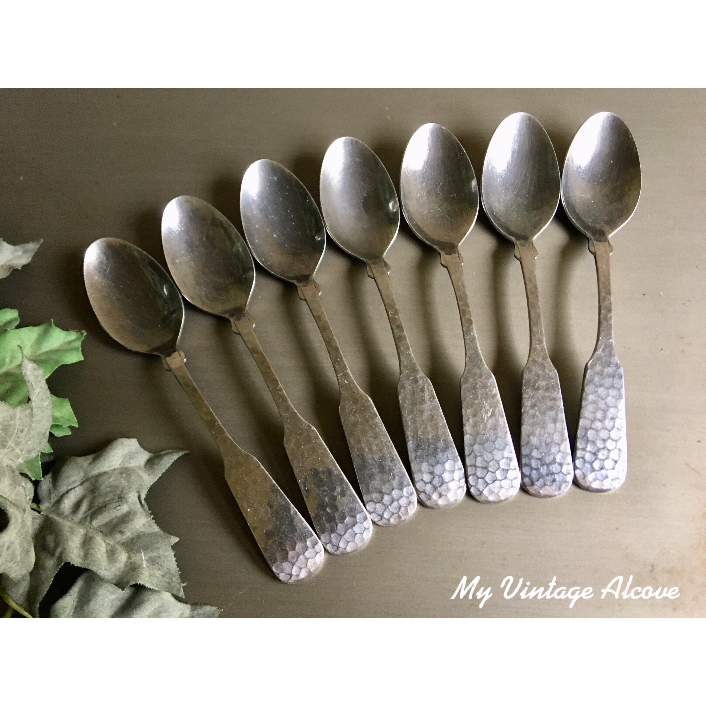 Set of 6 Stainless Steel Spoons with Hammered Finish Handles Silver, Teaspoon Set of 6 Stainless Steel Spoons with Hammered Finish Handles Silver, Teaspoon