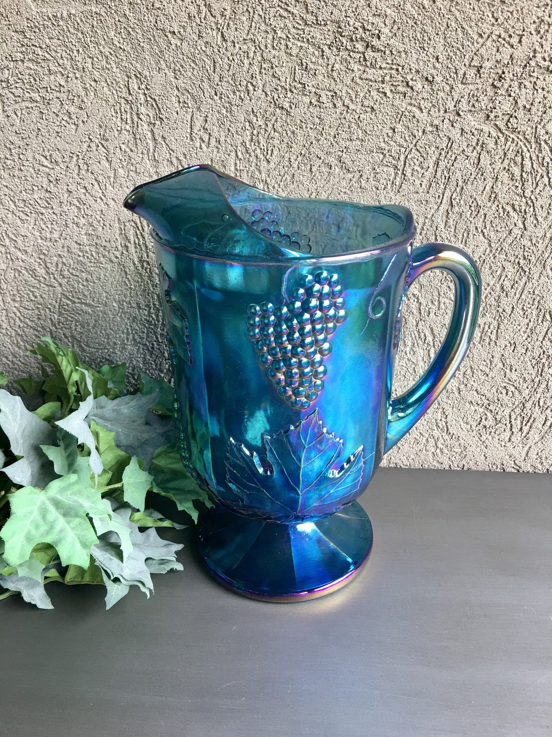 Blue Carnival Glass Pitcher