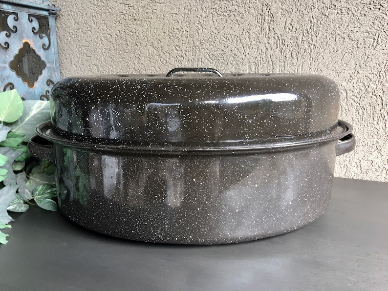 Enamel Roasting Pan With Lid Vintage Enamel Roaster Black Etsy