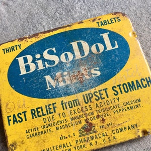 Vintage Antacids Tin, BiSoDol Mints Tablets Tin, Vintage Pharmacy Tins, Old Metal Medicine Tins, Small Vintage Rx Tins, Yellow and Blue Tins