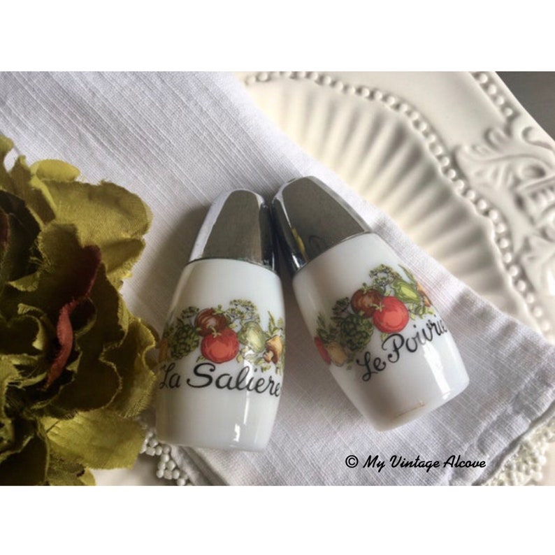 Vintage Gemco Spice of Life Salt and Pepper Shaker Set with French inscriptions  La Saliere and Le Poivrier 1960 to 1980. 3.5 inches high. No chips. Graphics in excellent shape. Some spotting, pitting and corrosion on the plastic tops.