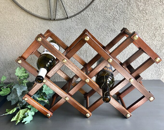 Wood Accordion Wine Rack Tabletop / Counter Vintage Wooden 10 Bottle