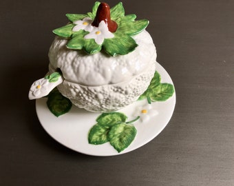 Fruit Shaped Sugar Bowl with Attached Underplate, Jam / Marmalade Pot With Spoon