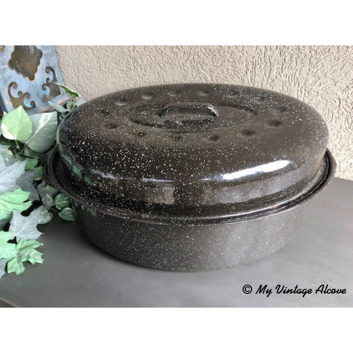 Enamel Roasting Pan With Lid Vintage Enamel Roaster Black Etsy