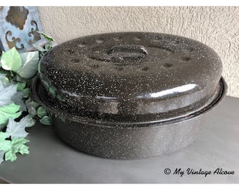 Enamel Roasting Pan With Lid, Vintage Enamel Roaster, Black Enamel Turkey Roaster