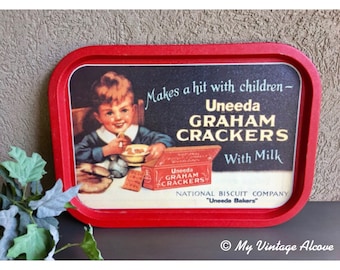 Vintage Metal Serving Tray, Red Kitchen Tray, Serving Tray Red, Red Metal Serving Tray