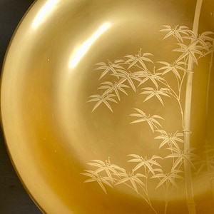 Gold and Black Lacquer Bowl, Bamboo Leaves Bowl, Asian Serving Bowl, Lacquer Serving Bowl