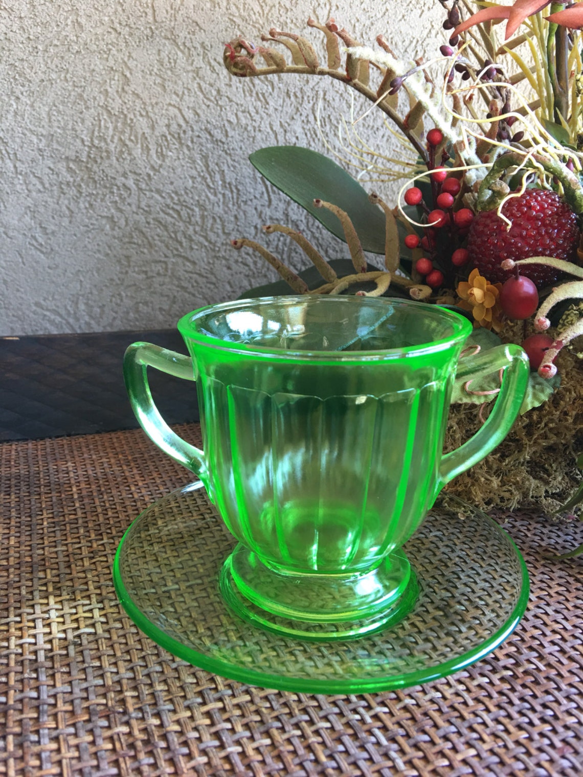 Anchor Hocking Green Uranium Glass Footed Compote w/ Plate Etsy