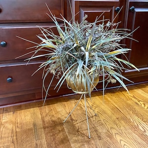 May include: A gold metal plant stand with three legs and a round top. The stand is holding a gold pot with a leafy green plant.