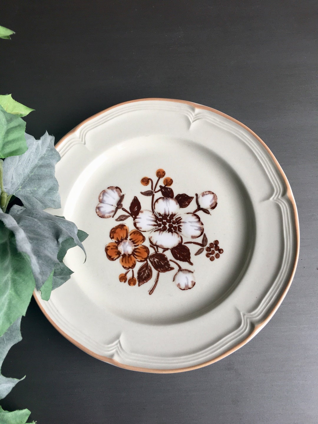 Stoneware Salad Plates Brown Floral Plates Etsy