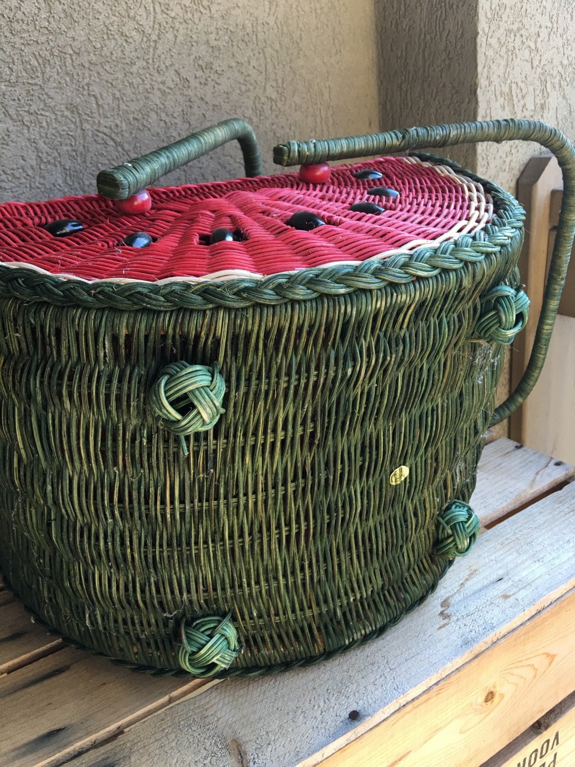 Vintage Watermelon Picnic Basket Large Wicker Double Handle Etsy