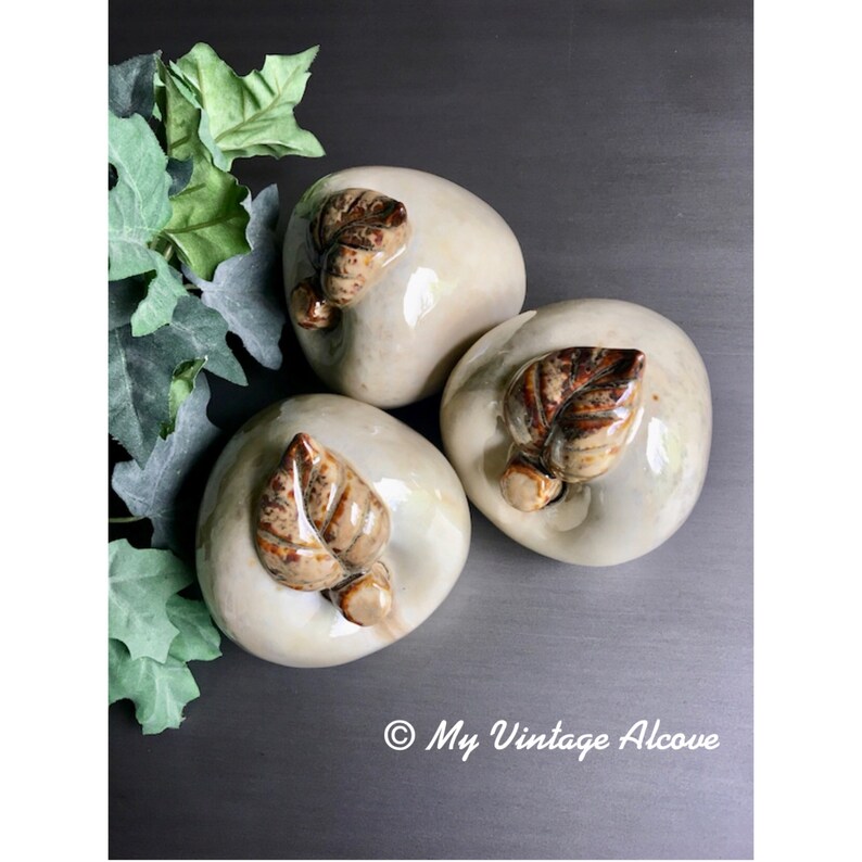 Apple Home Décor. Ceramic Apple Figurine. Lovely Apple Kitchen Decorations. Apple is prostrate leaning on side, highlighting the stem and leaf. Cream with Brown tones. Sold by My Vintage Alcove. https://myvintagealcove.etsy.com/listing/701757511