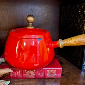 Vintage Red Enamel Pot with Wood Handle