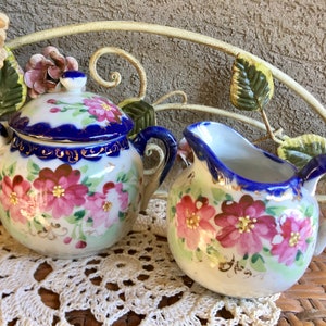 Blue and Pink Floral Sugar and Creamer Set, Vintage Cream and Sugar Set