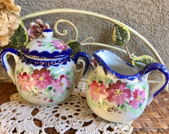 Blue and Pink Floral Sugar and Creamer Set, Vintage Cream and Sugar Set