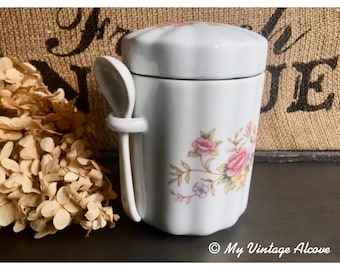 Pink Floral Canister With Spoon, Ceramic Canister With Spoon, Ceramic Jar With Lid and Spoon