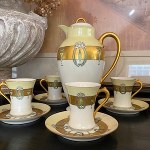 Antique Chocolate Pot Set, GDA Limoges France, Chocolate Pot and Cups