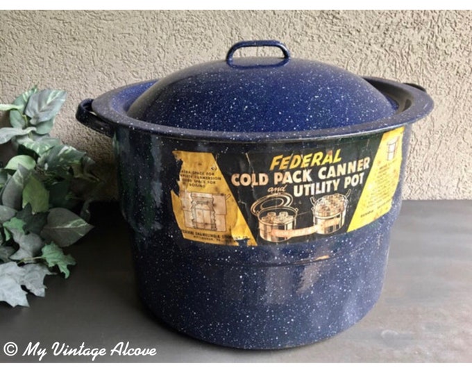Vintage Federal Cold Pack Canner, Large Blue Enamel Canning Pot, Large