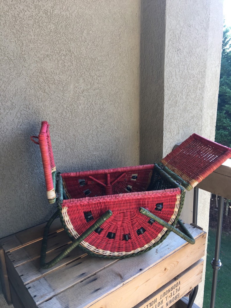 Vintage Watermelon Picnic Basket Large Wicker Double Handle Etsy