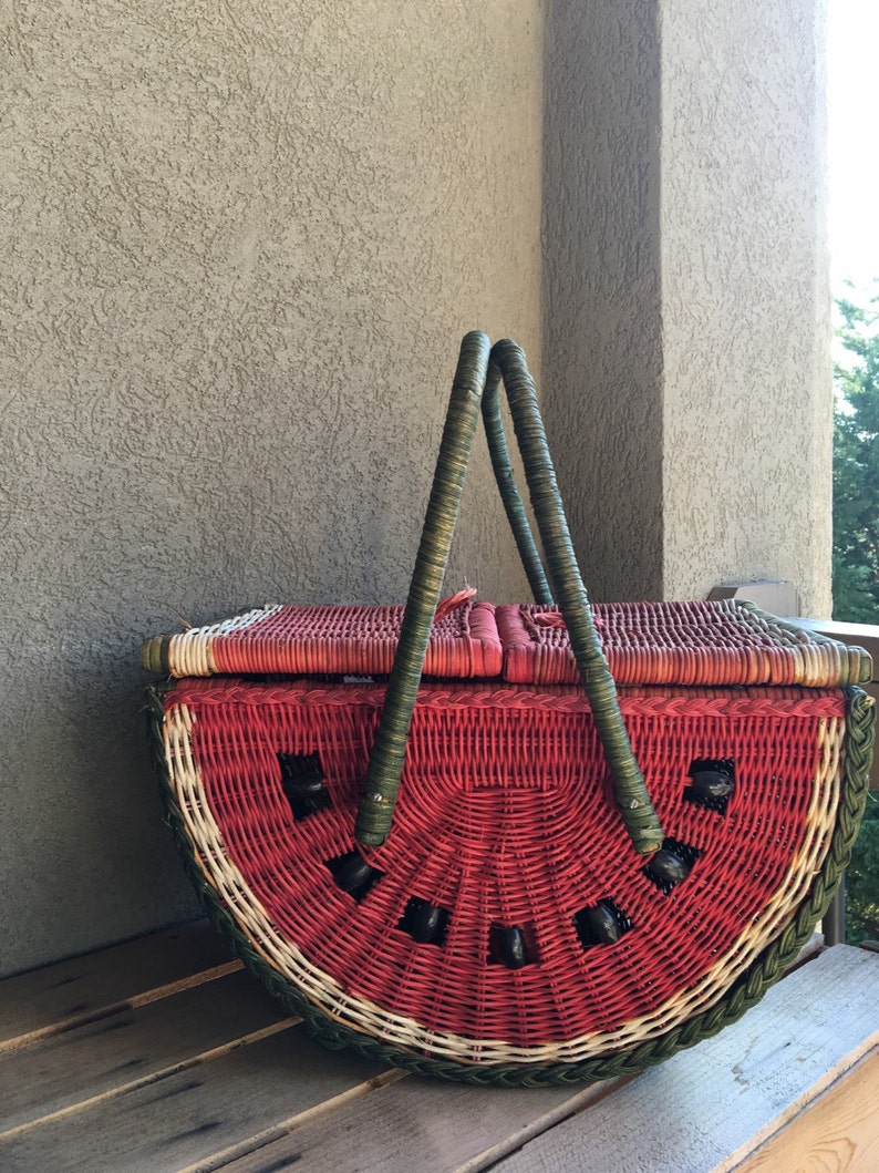 Vintage Watermelon Picnic Basket Large Wicker Double Handle Etsy