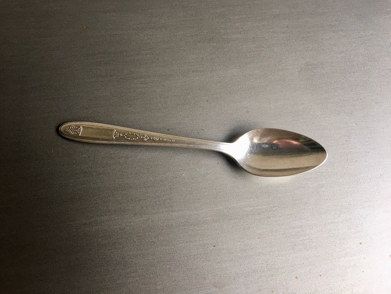 May include: A silver teaspoon with a decorative pattern on the handle.