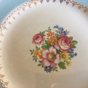 Vintage Dessert Plates are a Homer Laughlin Eggshell Georgian Pattern dating 1941. Plates have  gorgeous design with floral center and filigree trim. Robins Egg Blue band. Embossed dashes and dots along rim. Gold rimmed. Set 6. 7 inches diameter.
