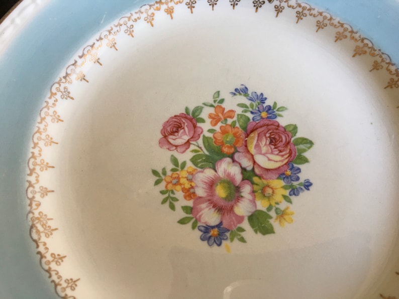 Vintage Dessert Plates are a Homer Laughlin Eggshell Georgian Pattern dating 1941. Plates have  gorgeous design with floral center and filigree trim. Robins Egg Blue band. Embossed dashes and dots along rim. Gold rimmed. Set 6. 7 inches diameter.