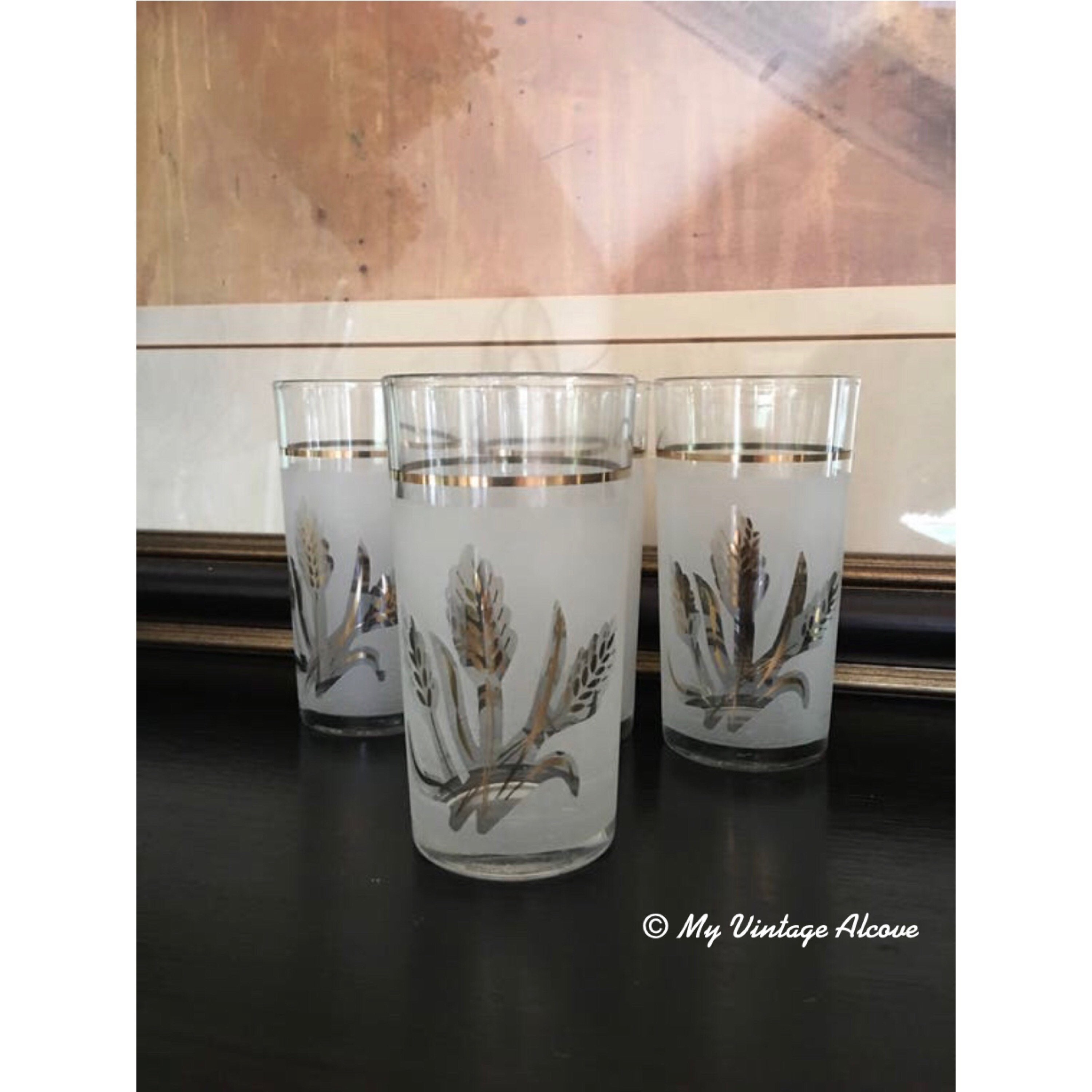 Vintage Covetro Italian Frosted Glasses set of 3 1950s chic water glasses or tumblers with Golden Wheat Stalks