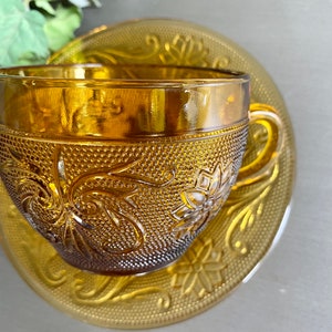 Amber Glass Cup and Saucer, Tiara Sandwich Glass, Amber Cup and Saucer, Vintage Amber Glass Dishes