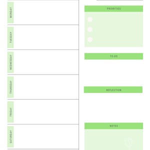 Puede incluir: Un planificador semanal con un diseño minimalista. La parte superior presenta las palabras "weekly planner" en una fuente manuscrita. El planificador incluye secciones para cada día de la semana, prioridades, listas de tareas, reflexiones y notas. La combinación de colores es blanco y verde claro.
