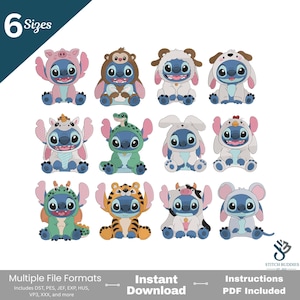 Lilo Animal Costume Embroidery Bundle, 12 Kawaii Designs in PES DST JEF Formats